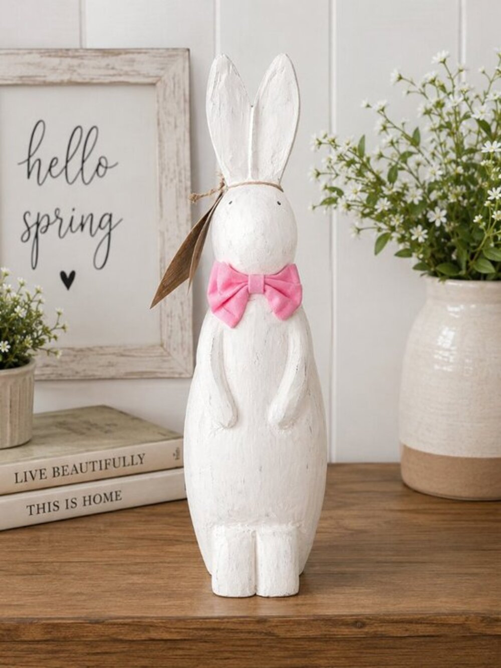 Hand Carved Wooden Easter Bunny 16” White Rabbit Bow Spring Decor NWT